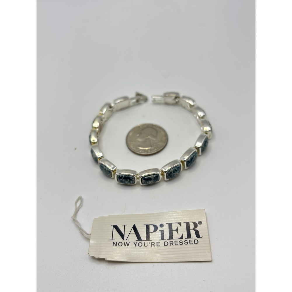 Napier Link Bracelet Womens 7" Silver Green Black Marbled Faux Stone Cabochon